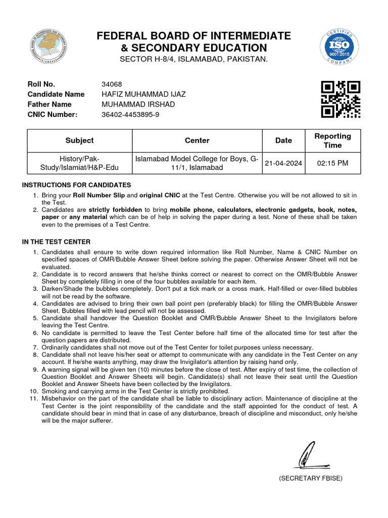 Federal board of intermediate secondary education subject center