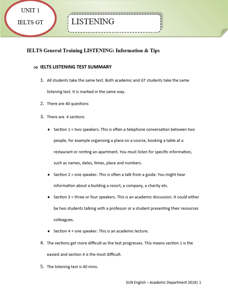 IELTS General Training Listening Guide | PDF | International English ...