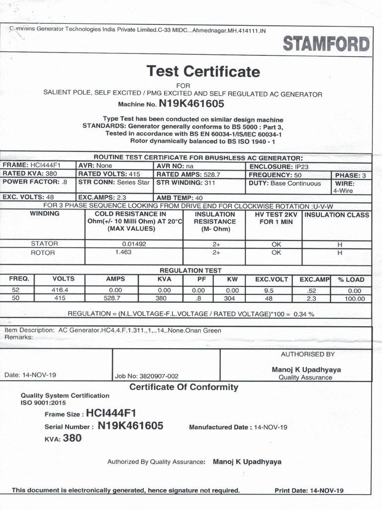 Certificate of Alternator Stamford | PDF