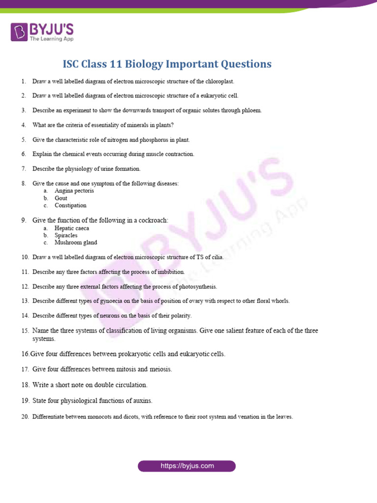 ISC Class 11 Biology Key Questions | PDF | Technology & Engineering