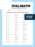 Addition and Subtraction Mental Arithmetic Math Worksheet
