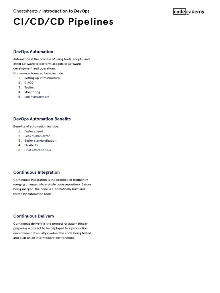 Introduction to DevOps_ CI_CD_CD Pipelines Cheatsheet _ Codecademy PDF