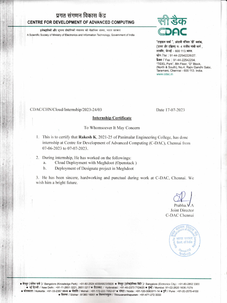 CDAC Chennai Internship Certificate | PDF | Computing
