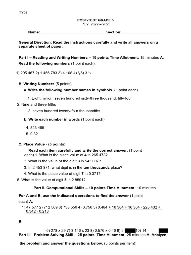 Grade 5 Mathematics Post-Test | PDF