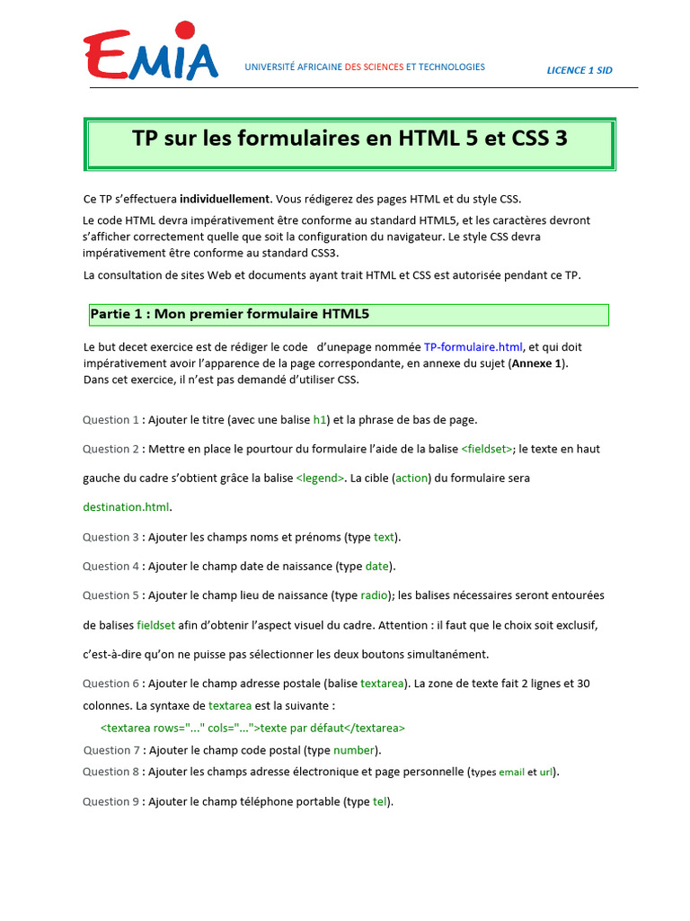 TP Formulaires HTML5 et CSS3 | PDF | HTML5 | Html