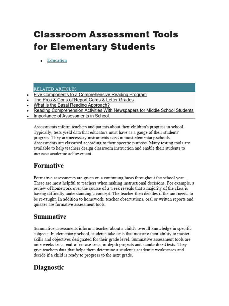 Classroom Assessment Tools for Elementary | PDF | Educational ...