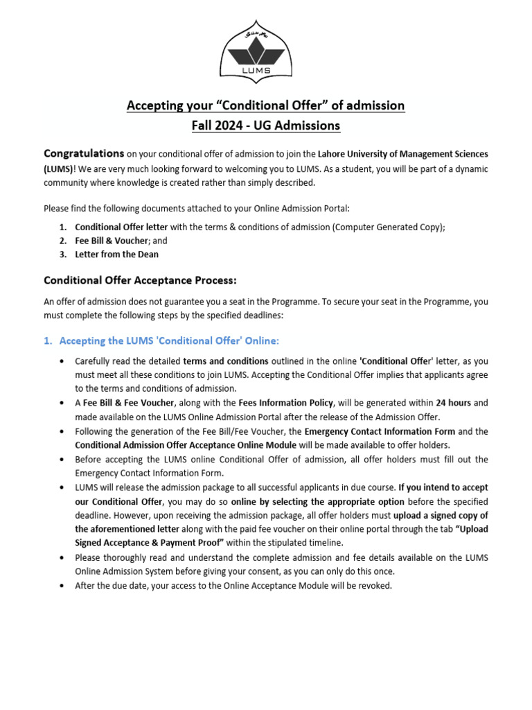 Accepting LUMS Conditional Offer 2024 | PDF | University And College ...
