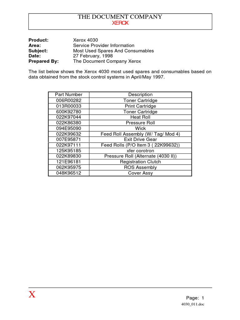 Xerox 4030 Spare Parts List | PDF | Computing