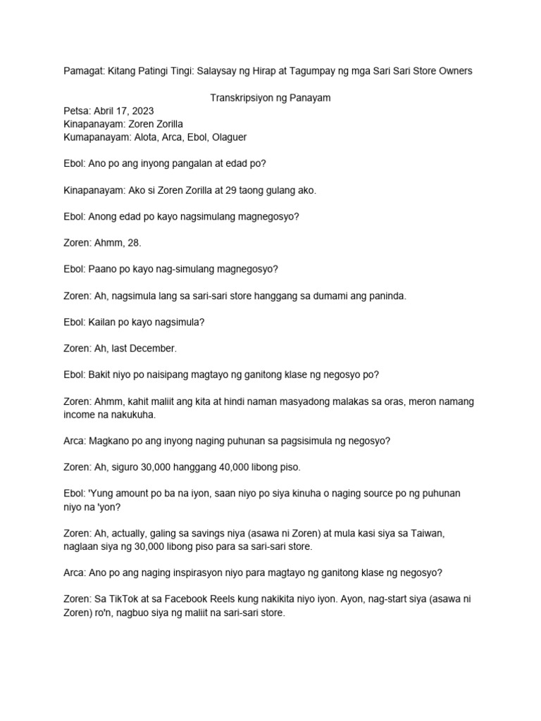 Transkripsiyon NG Panayam 1 | PDF