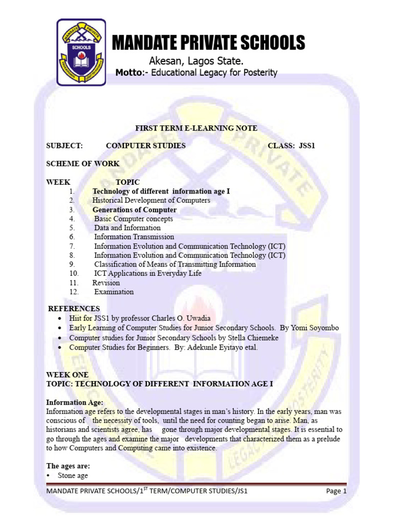 JSS1 First Term Computer Studies Plan | PDF | Integrated Circuit ...