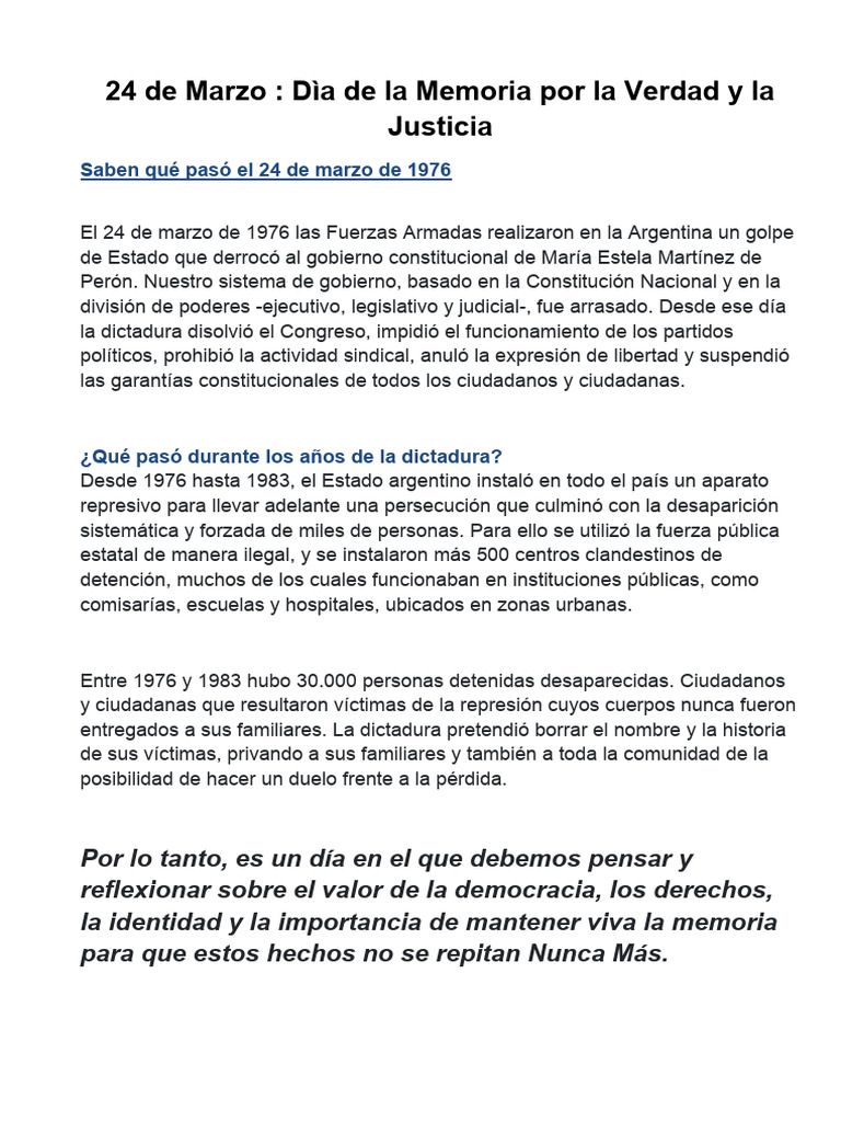 Dia de La Memoria Por La Verdad y La Justicia | PDF | Política | Historia