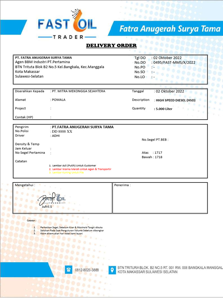Contoh Delivery Order BBM Pertamina | PDF