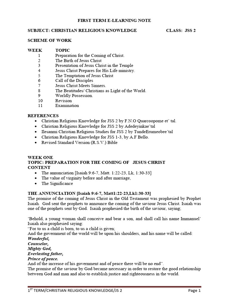 JSS2 CRS First Term Scheme of Work | PDF | Jesus | Biblical Magi