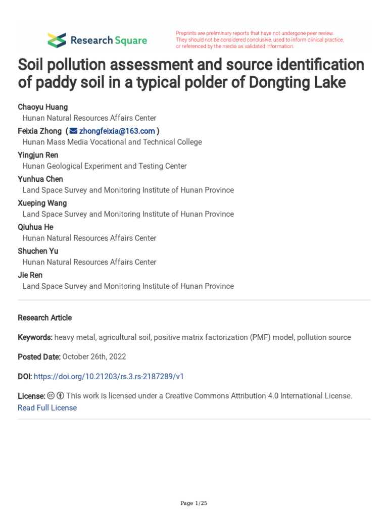Soil Pollution Assessment and Source Identification of Paddy Field ...