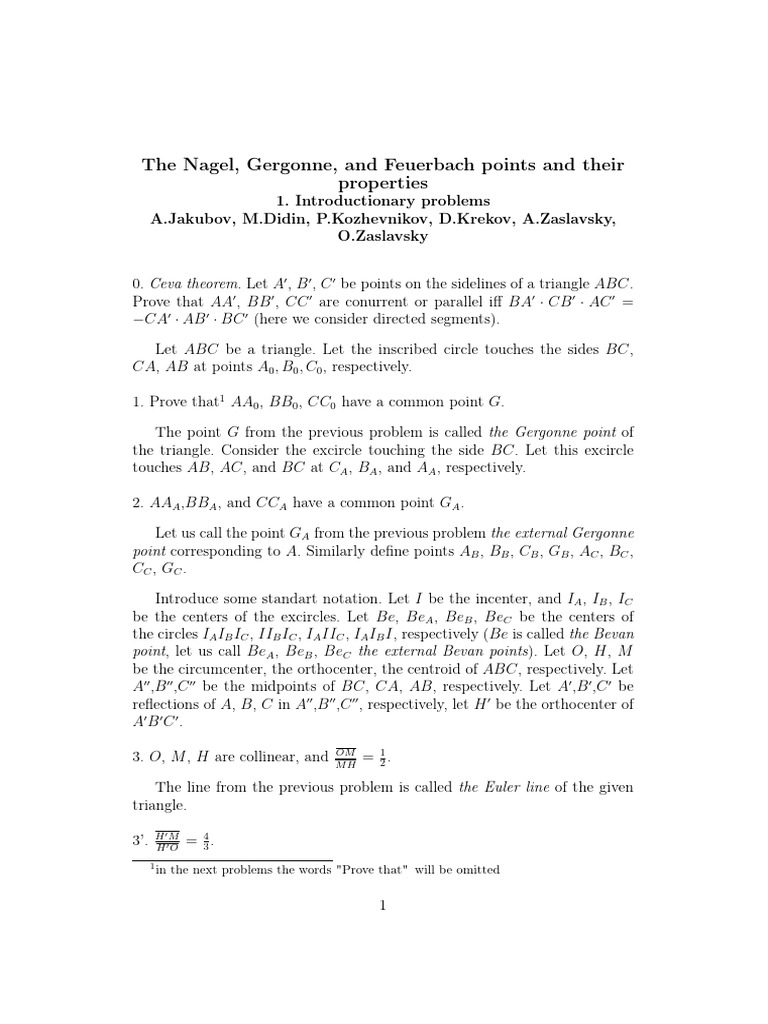 Nagel, Gergonne, Feuerbach Points Explained | PDF | Euclid | Classical ...