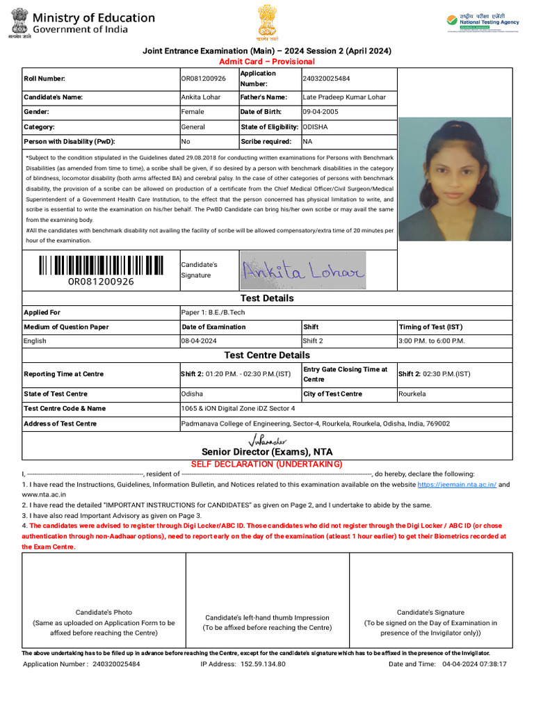 JEE Main 2024 Session 2 Admit Card | PDF | Identity Document | Biometrics