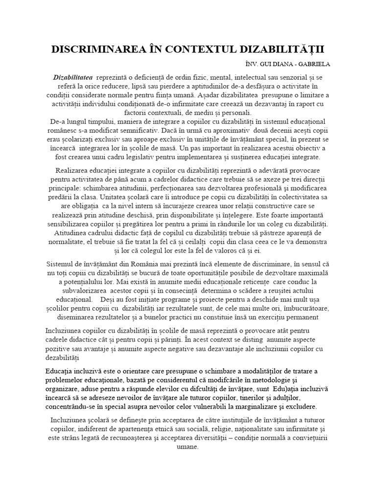 Discriminarea În Contextul Dizabilitatii | PDF
