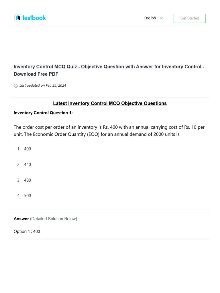 Inventory Control MCQ and Solutions | PDF | Demand | Business Economics