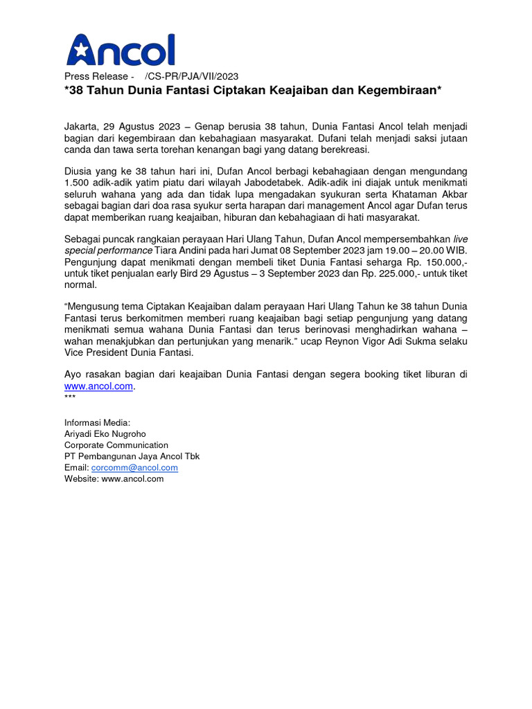 Contoh press release ultah dufan 38 tahun 1 pdf