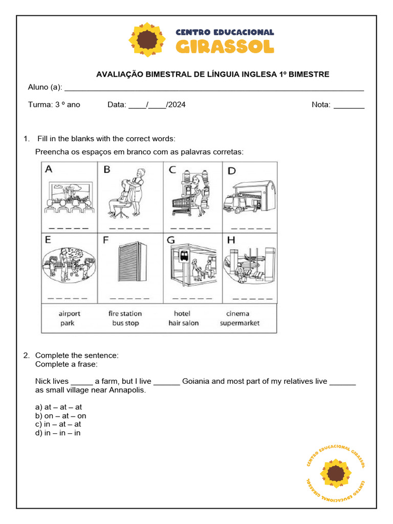 Avaliação de Inglês 3º Ano - 1º Bimestre | PDF | Artes Linguísticas e ...