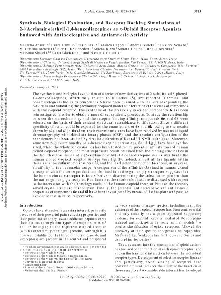 Anzini Et Al 2003 Synthesis Biological Evaluation and Receptor Docking ...