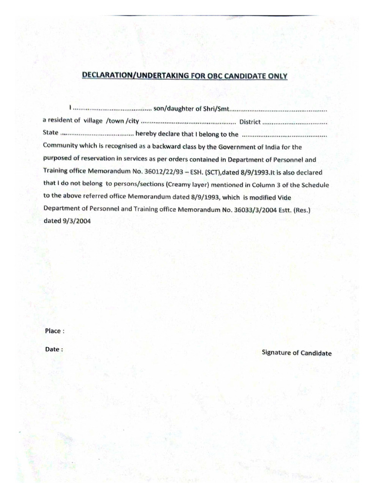 OBC Declaration Form for Candidates | PDF