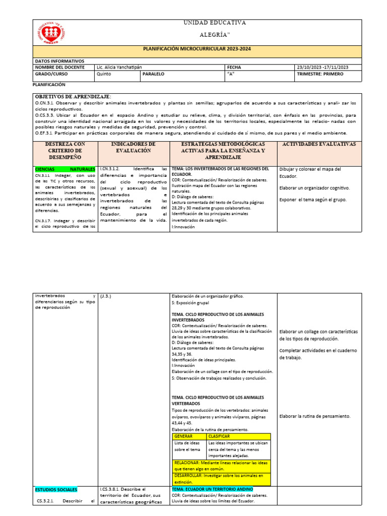 Planificación Quinto Grado 2023-2024 | PDF | Ritmo | Aprendizaje