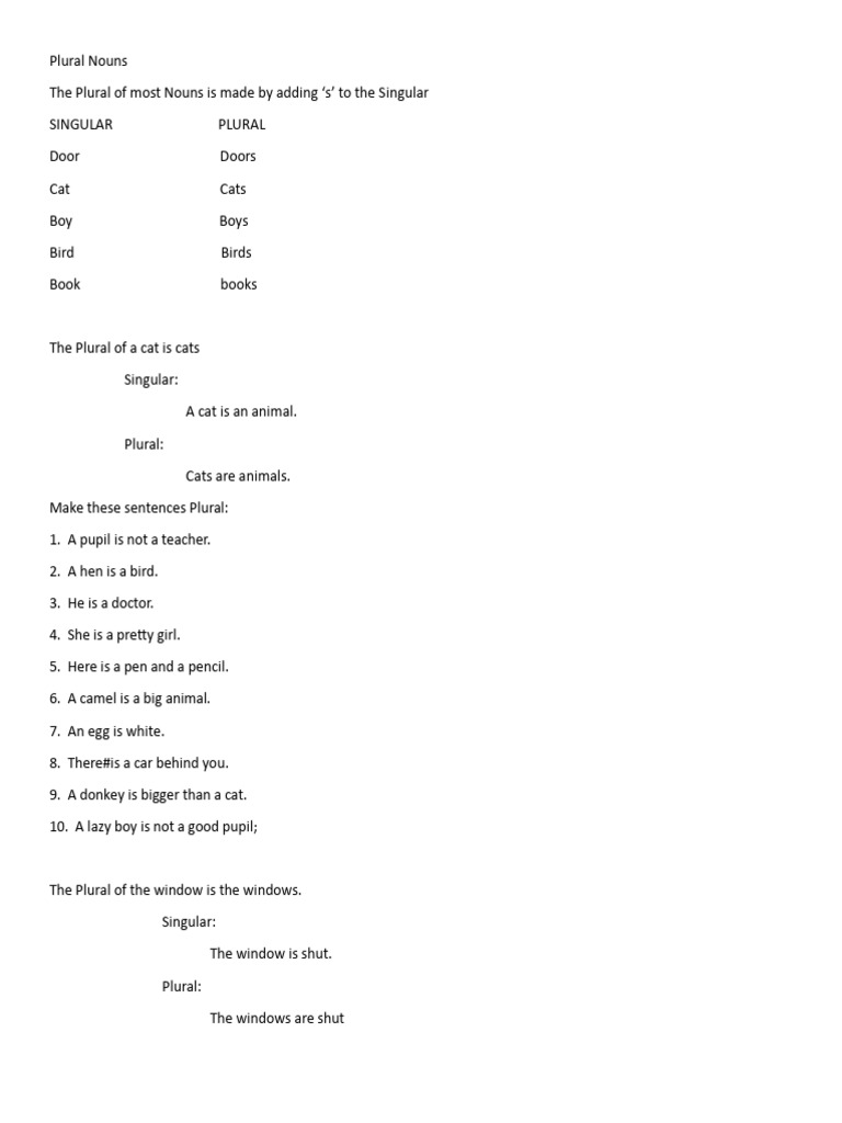 Plural Nouns Pdf Plural Grammatical Number