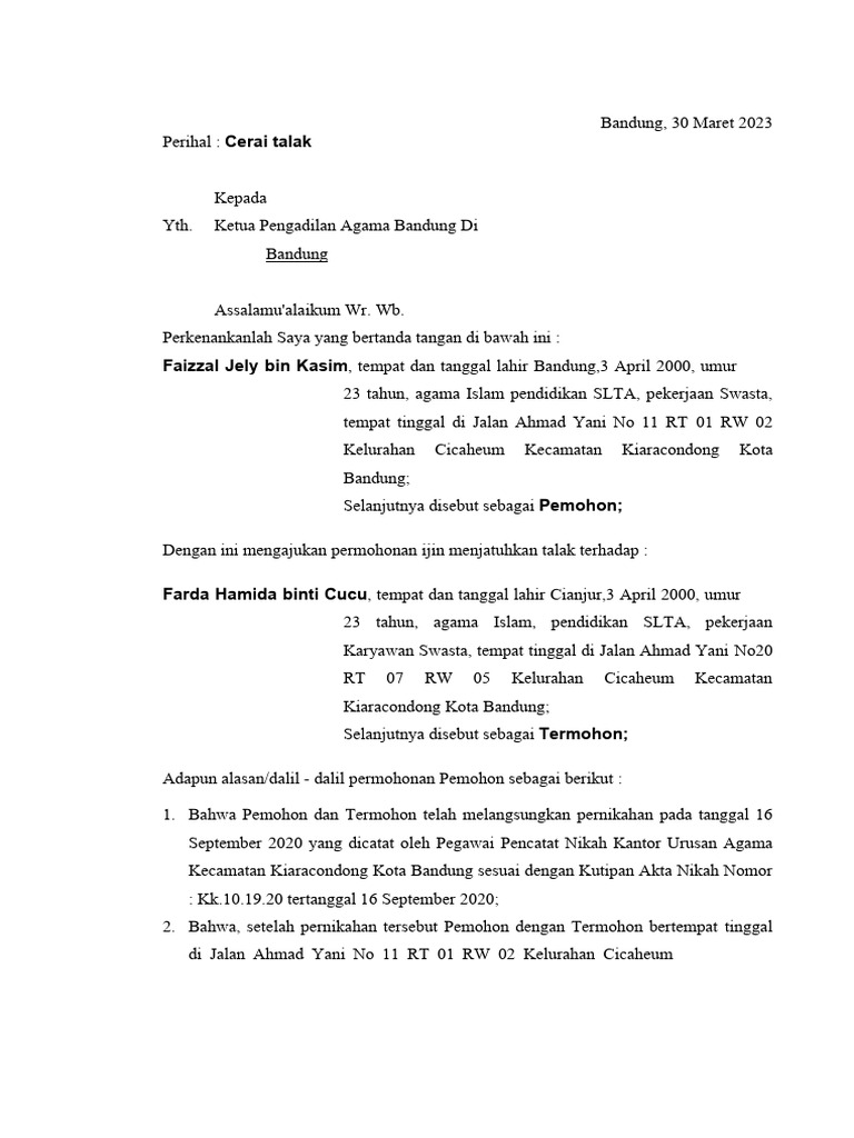 Surat Cerai Talak Dan Rekovensi Contoh | PDF