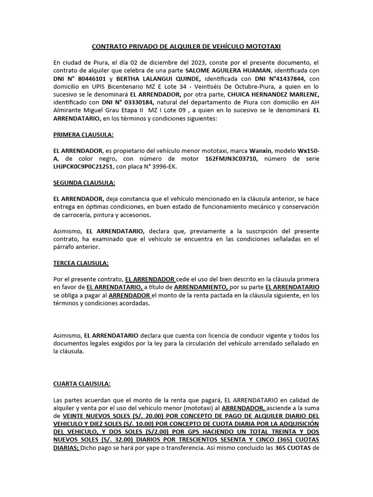 Contrato de Alquiler Mototaxi Piura | PDF