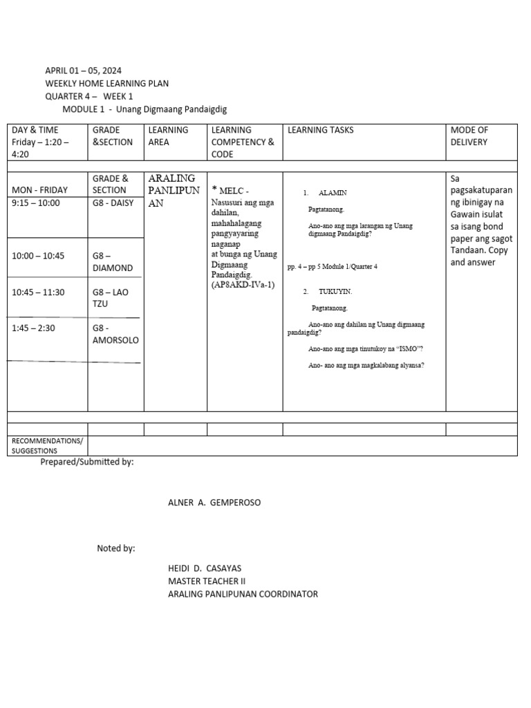 WEEKLY HOME LEARNING PLAN Module 1 Quarter 4 | PDF