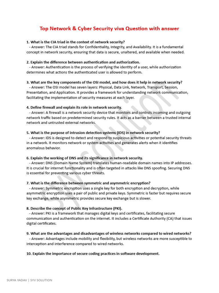 Top Network & Cyber Security Viva Question With Answer PDF Security