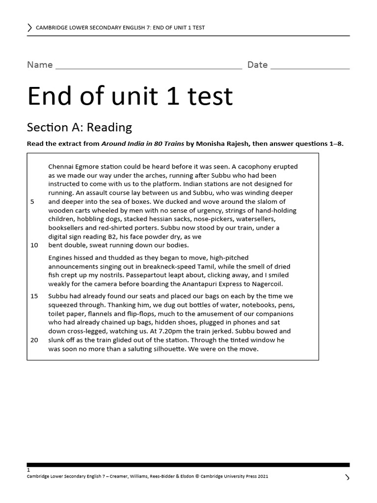End of Unit 1 Test: Grade 7 English | PDF