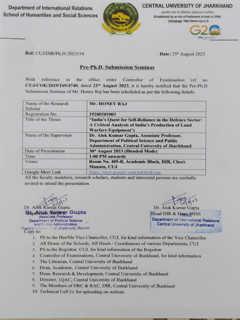 2-Pre PHD Notification of Mr. Honey Raj DIR-290823 | PDF | Academia ...