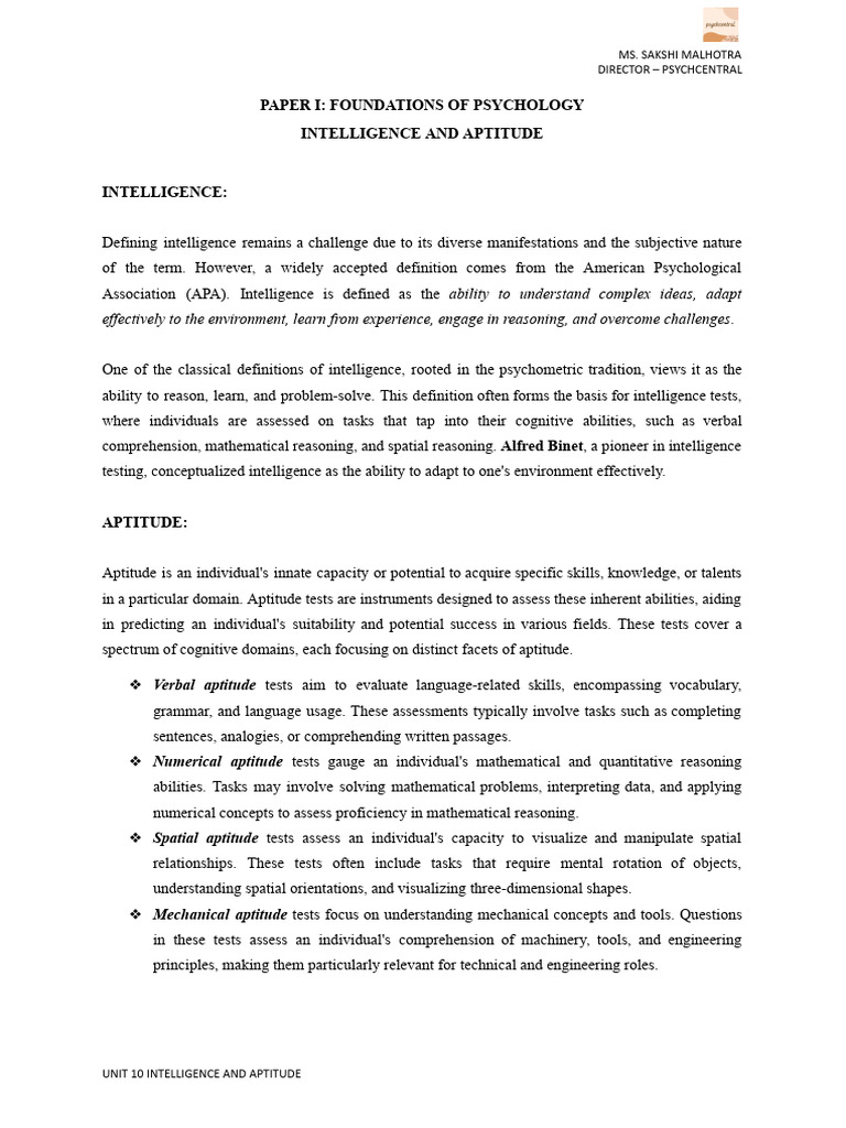 Understanding Intelligence and Aptitude | PDF | Intelligence | Wechsler ...