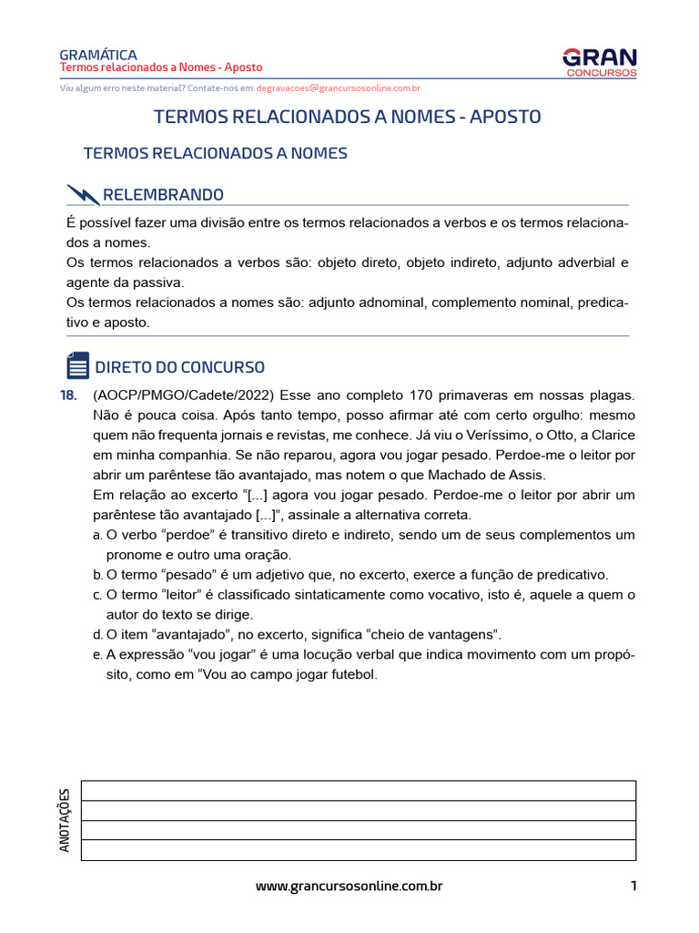 Termos Relacionados a Nomes - Aposto | PDF | Assunto (gramática ...
