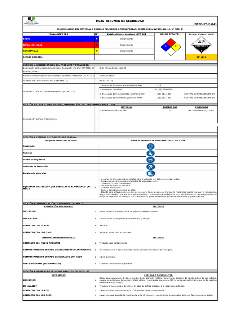 MSDS - Aceite Para Motores Shell | PDF | Agua | Residuos