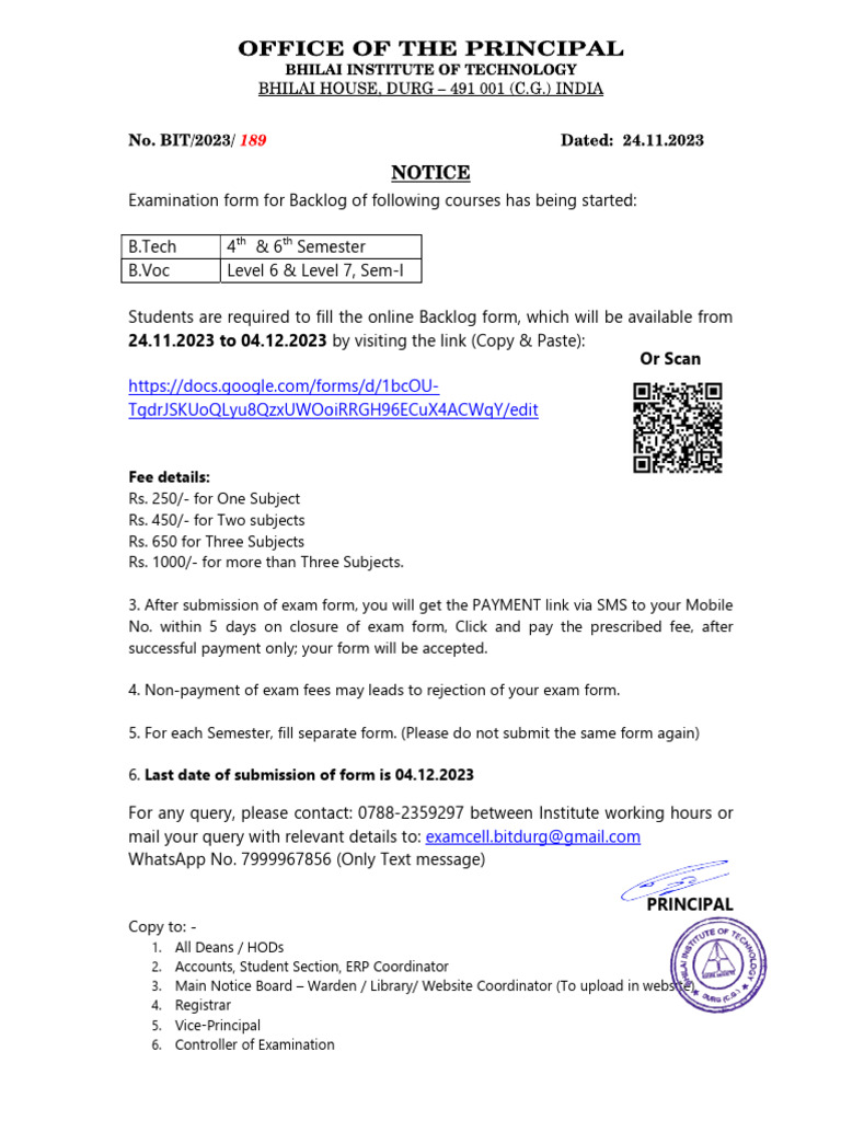Backlog Exam Form Submission 2023 | PDF
