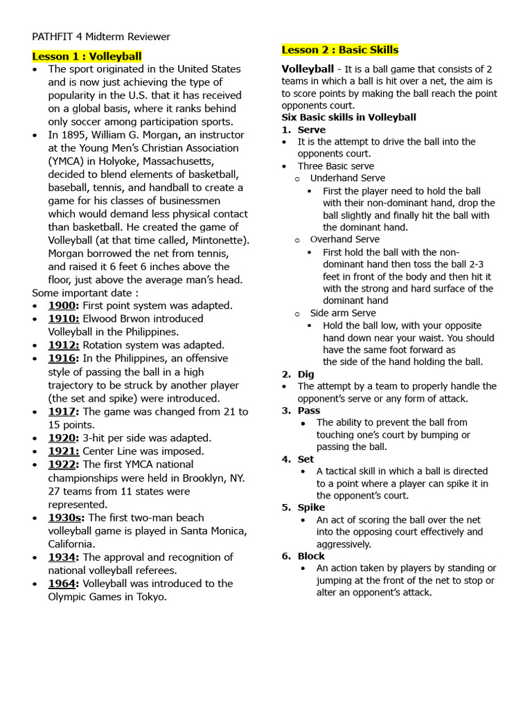 PATHFIT 4 Volleyball Overview | PDF | Volleyball | Indoor Sports