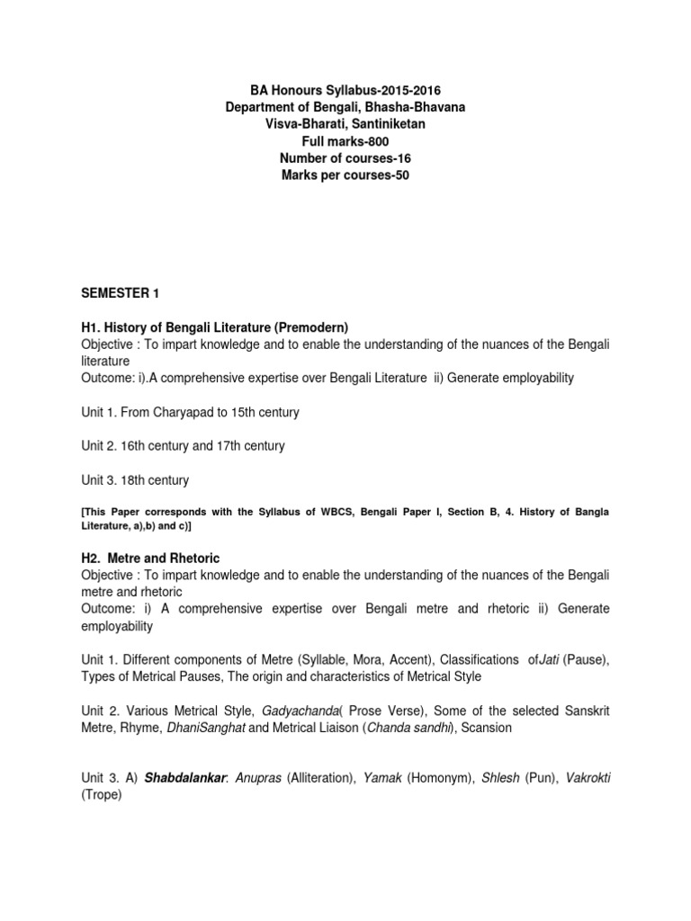 Bengali Syllabus 2015 Ug Pre Cbcs 2020 Pdf Metre Poetry Poetry