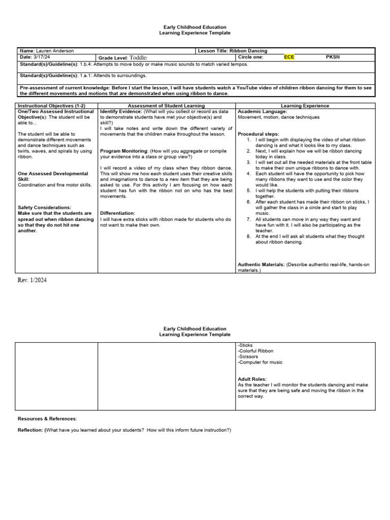 Ribbon Dancing Lesson Plan for ECE | PDF | Early Childhood Education ...