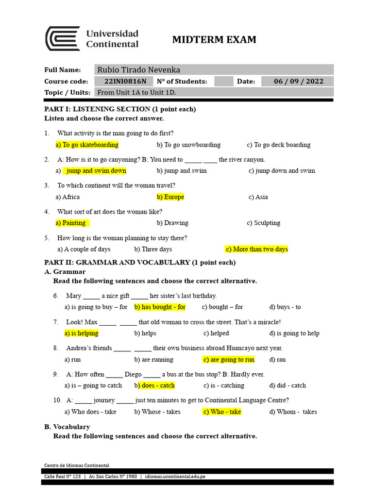 Midterm Exam for English Course 22INI0816N | PDF
