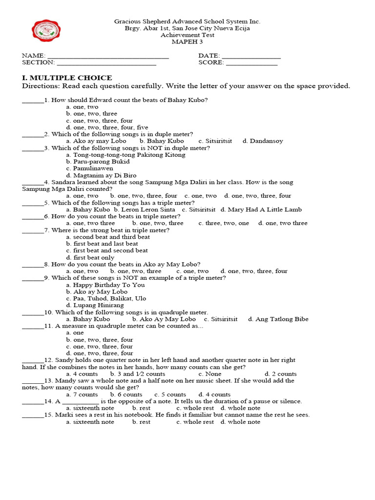 Achievement Test Mapeh 3-2023 | PDF | Foodborne Illness | Physical Fitness
