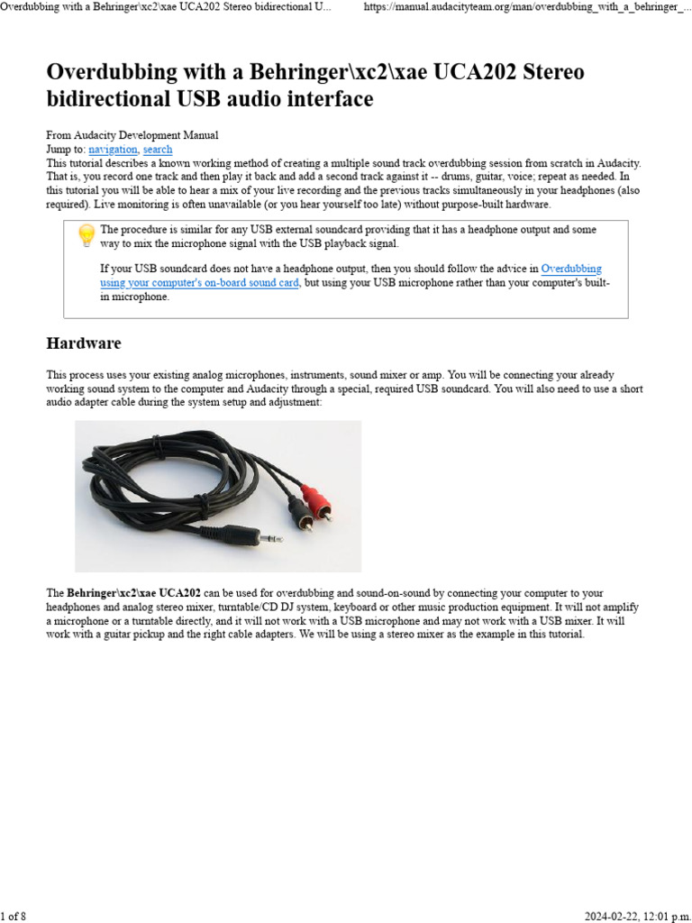 Audacity manual overdubbing with a behringer uca202 stereo