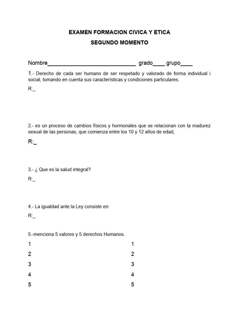 Examen de Formación Cívica y Ética | PDF | Crecimiento personal y ...