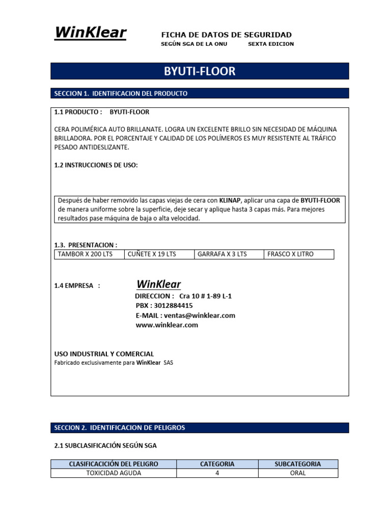 Ficha de Seguridad BYUTI-FLOOR WinKlear | PDF | Toxicidad | Química
