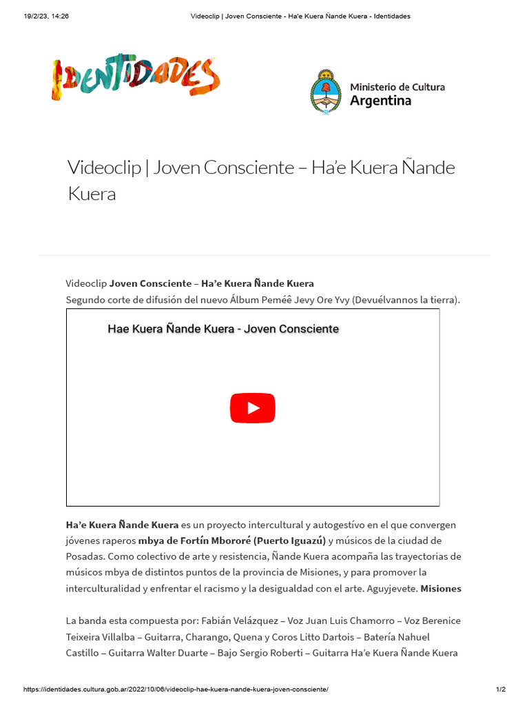 Videoclip - Joven Consciente - Ha'e Kuera Ñande Kuera - Identidades | PDF