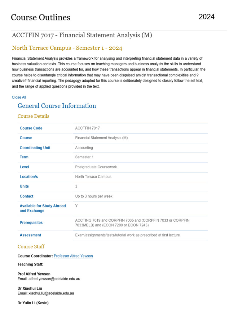 Financial Statement Analysis Course Outline | PDF | Learning | Leadership