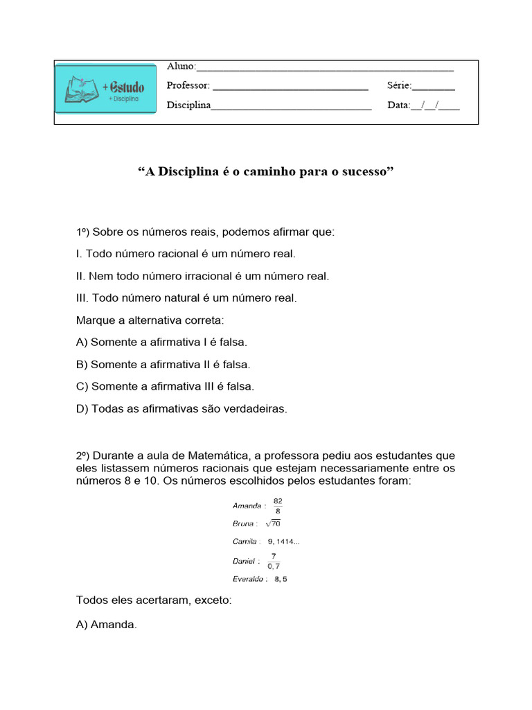 Atividades sobre Números Reais e Frações | PDF | Carreira e Crescimento