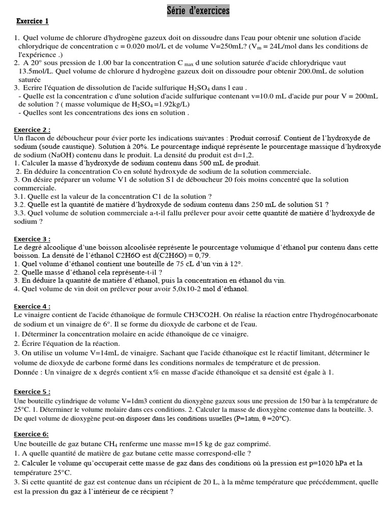 Exercices de chimie sur solutions et gaz | PDF | Hydroxyde de sodium ...